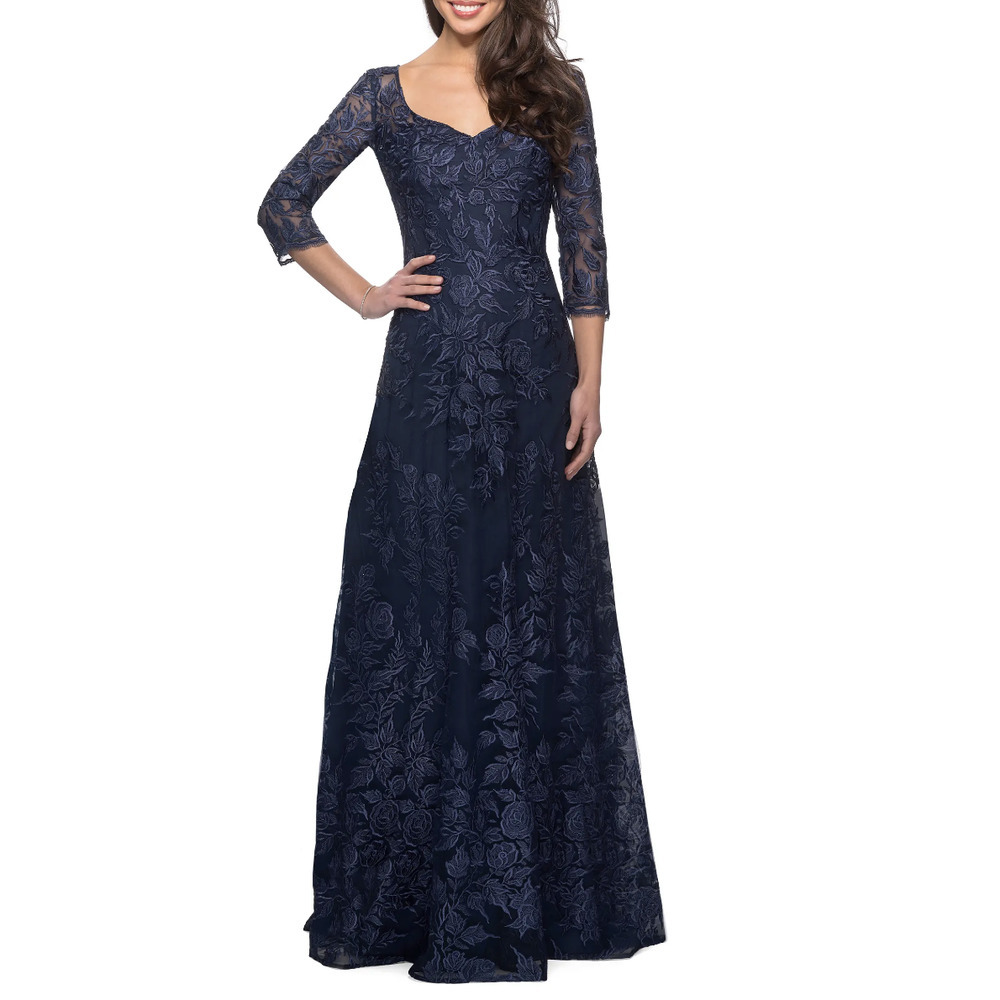 LA FEMME Floral Embroidered Mesh A-Line Gown